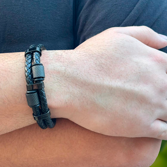 Pulsera Negra Doble Caballero Cuero y Acero Inoxidable 2G8