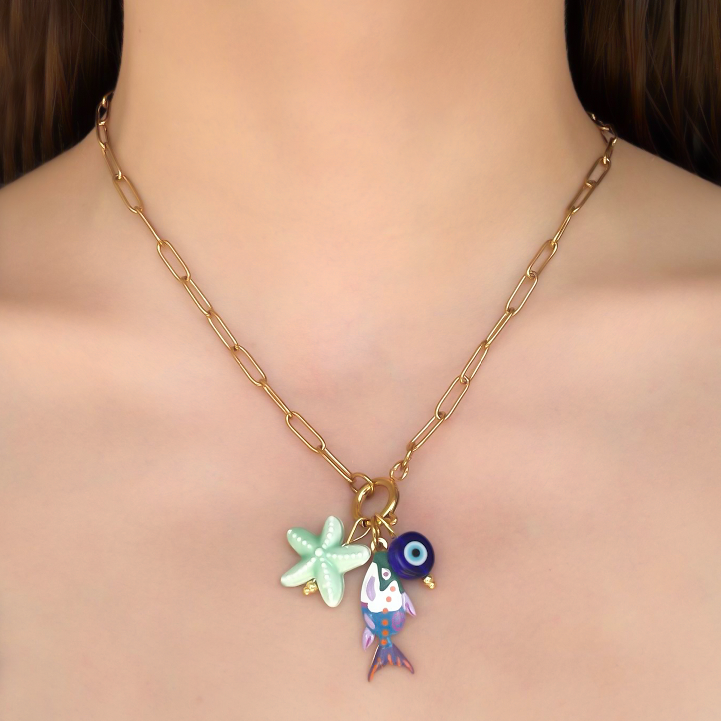 Collar Dorado Pez Estrella Verde Acero Titanio 1Z3