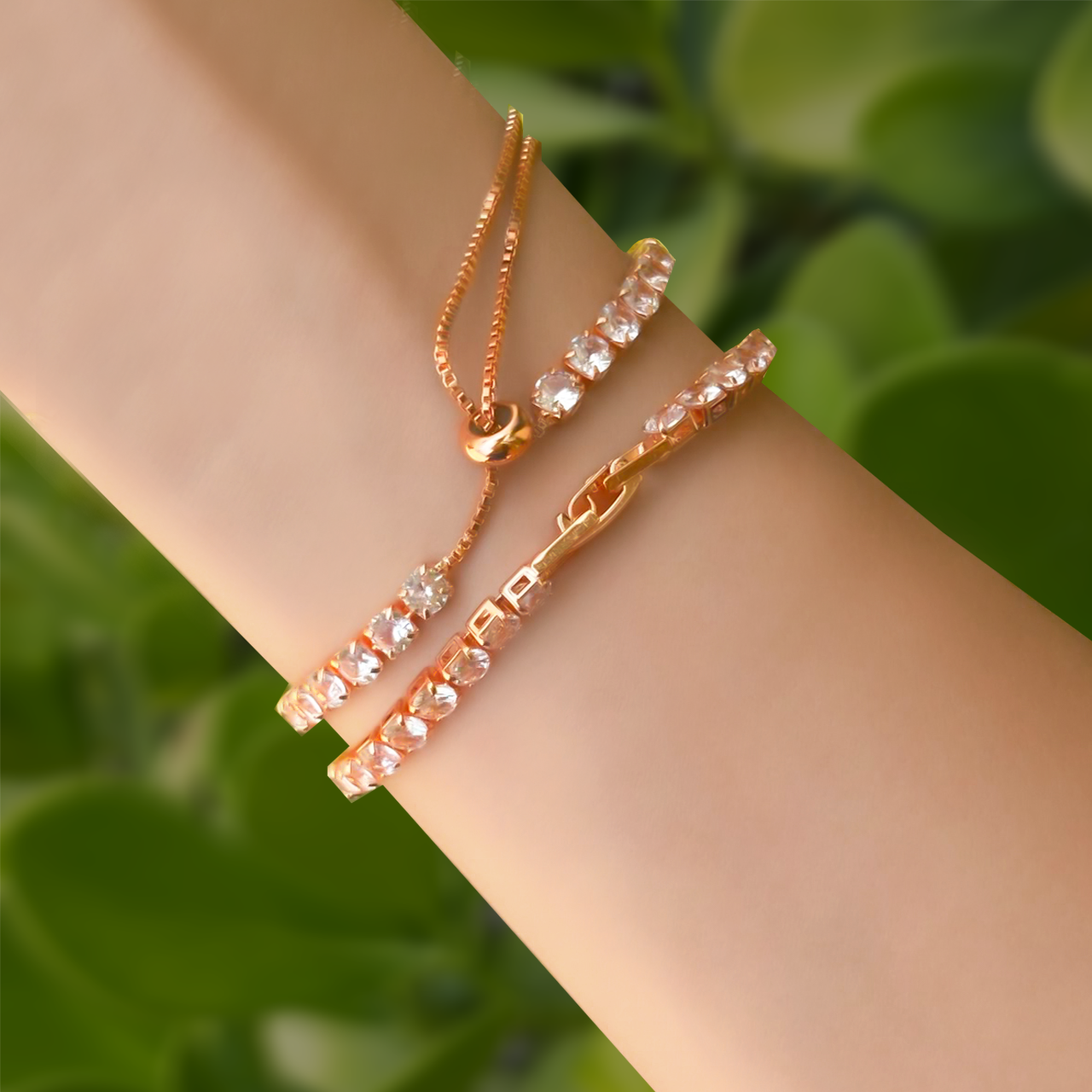 Dos Pulseras Oro Rosa Zirconias Acero de Titanio