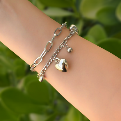 Pulsera Plateada Doble Charms Corazón Acero de Titanio 1R7
