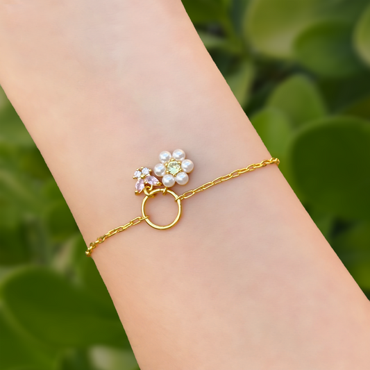 Pulsera Dorada Flor y Mariposa Chapa de Oro Az283