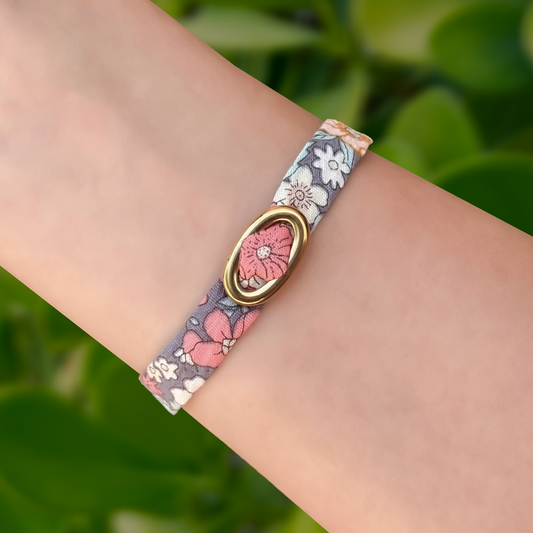 Pulsera Tela Broche Oval Dorado Acero Inoxidable 2i5