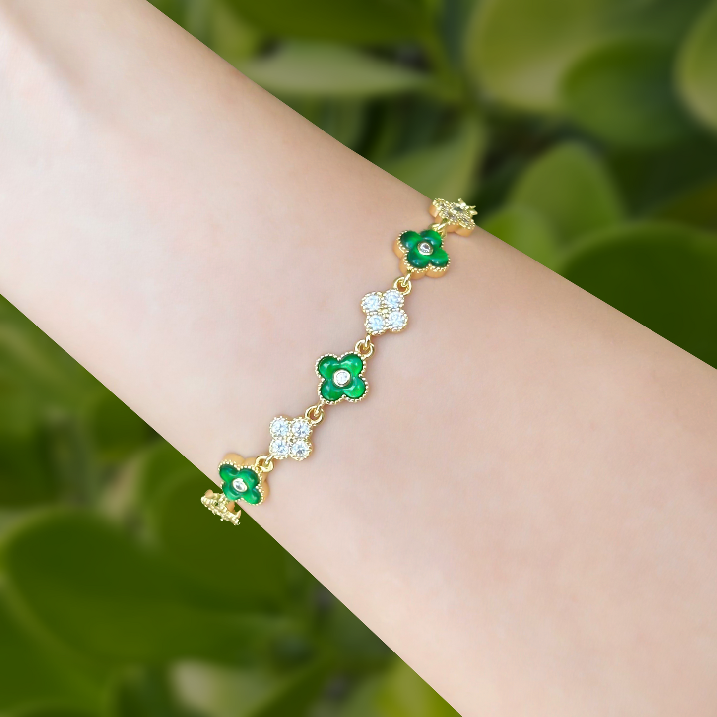 Pulsera Dorada Trébol Verde y Brillante Chapa de Oro  2xx1