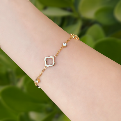 Pulsera Dorada Trébol y Brillante Acero Inoxidable 2G4