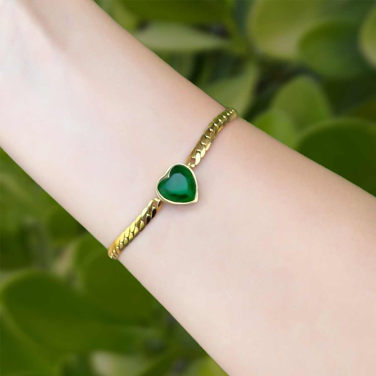 Pulsera Corazón de Piedra Verde  Acero Inoxidable  1R6