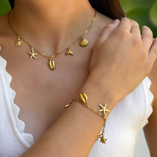 Collar y Pulsera Charms Concha Dorado Acero Inoxidable LU