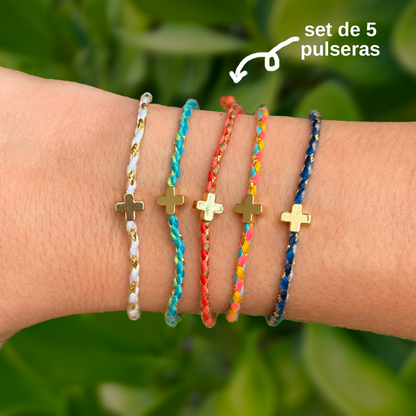 Set Pulseras Hilo Colores Cruz Chapa de Oro