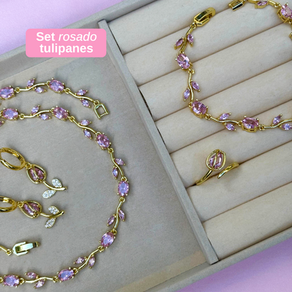 Collar Pulsera Aretes Anillo Tulipanes Rosa