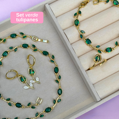 Collar Pulsera Aretes Anillo Tulipanes Verdes Chapa de Oro