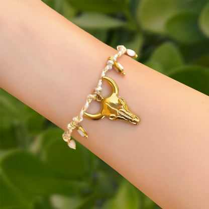 Pulsera Hilo Blanco Dorado Toro Acero Inoxidable