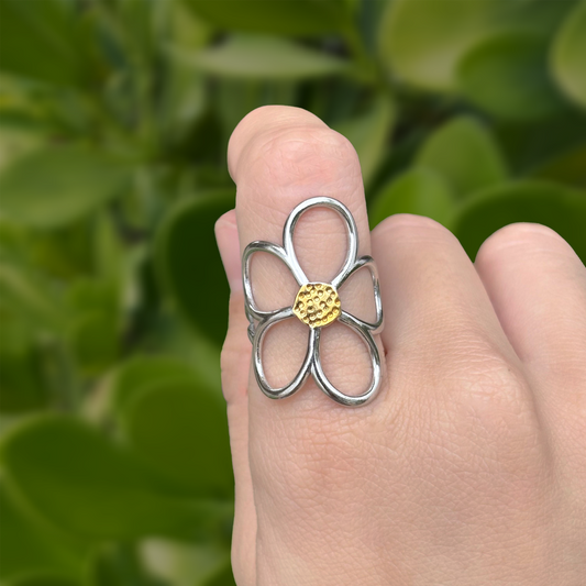 Anillo Flor Plateada Oro-Plata Acero Inoxidable  2B6