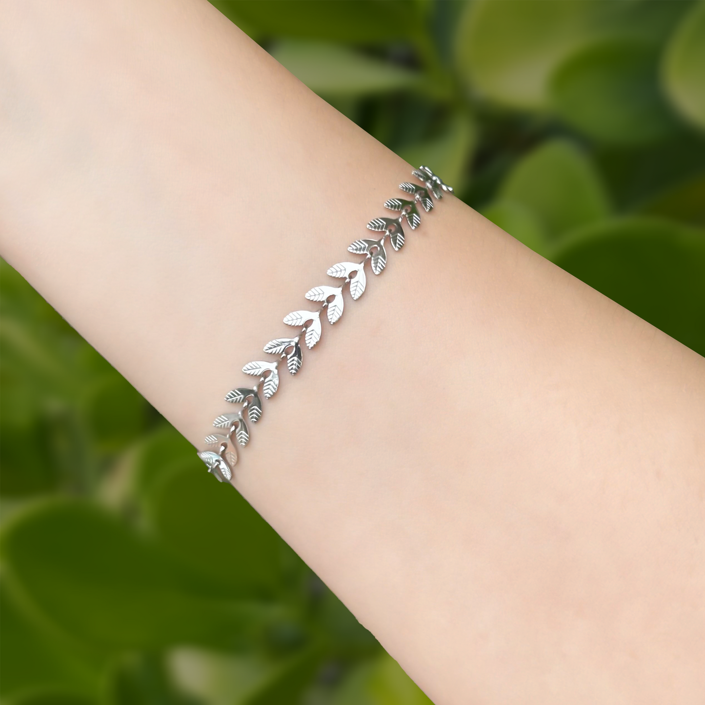 Pulsera Hojas Laurel Plateada Acero Inoxidable 1i2
