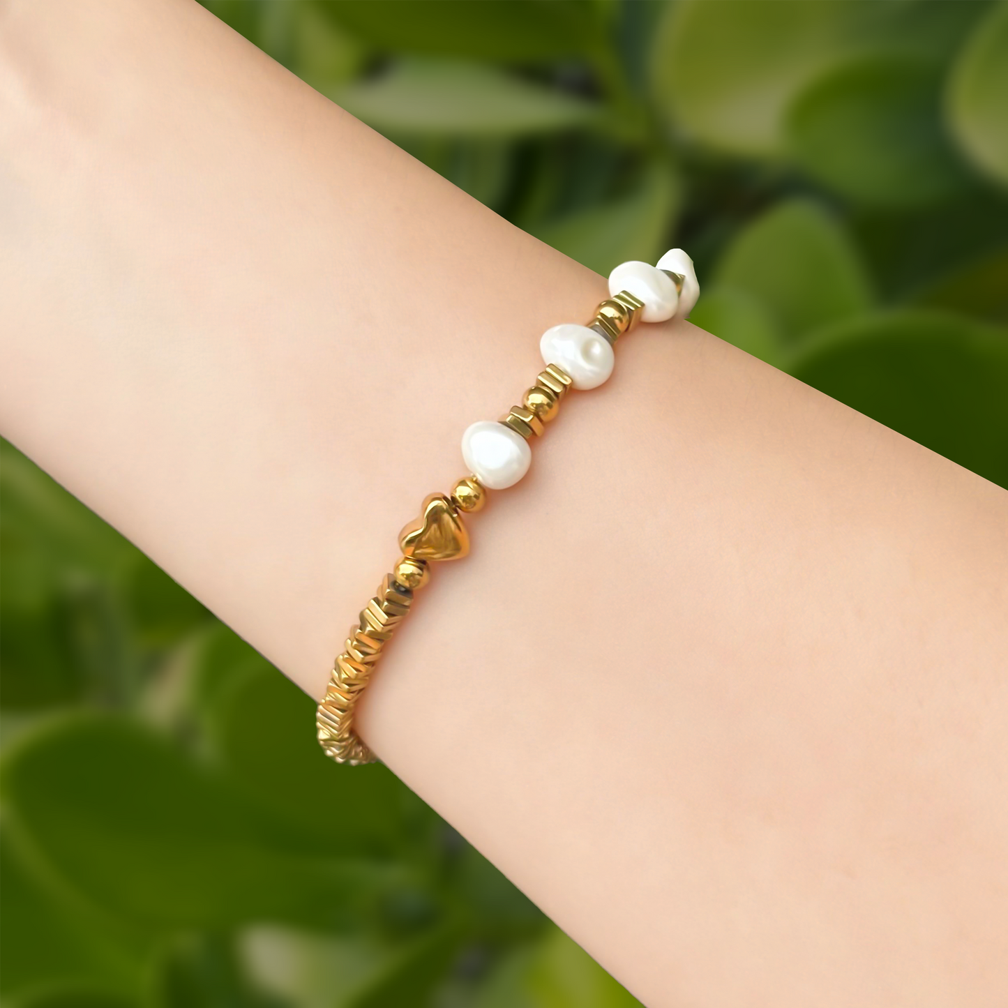 Pulsera  Perlas y Corazón Acero Inoxidable  1Q2