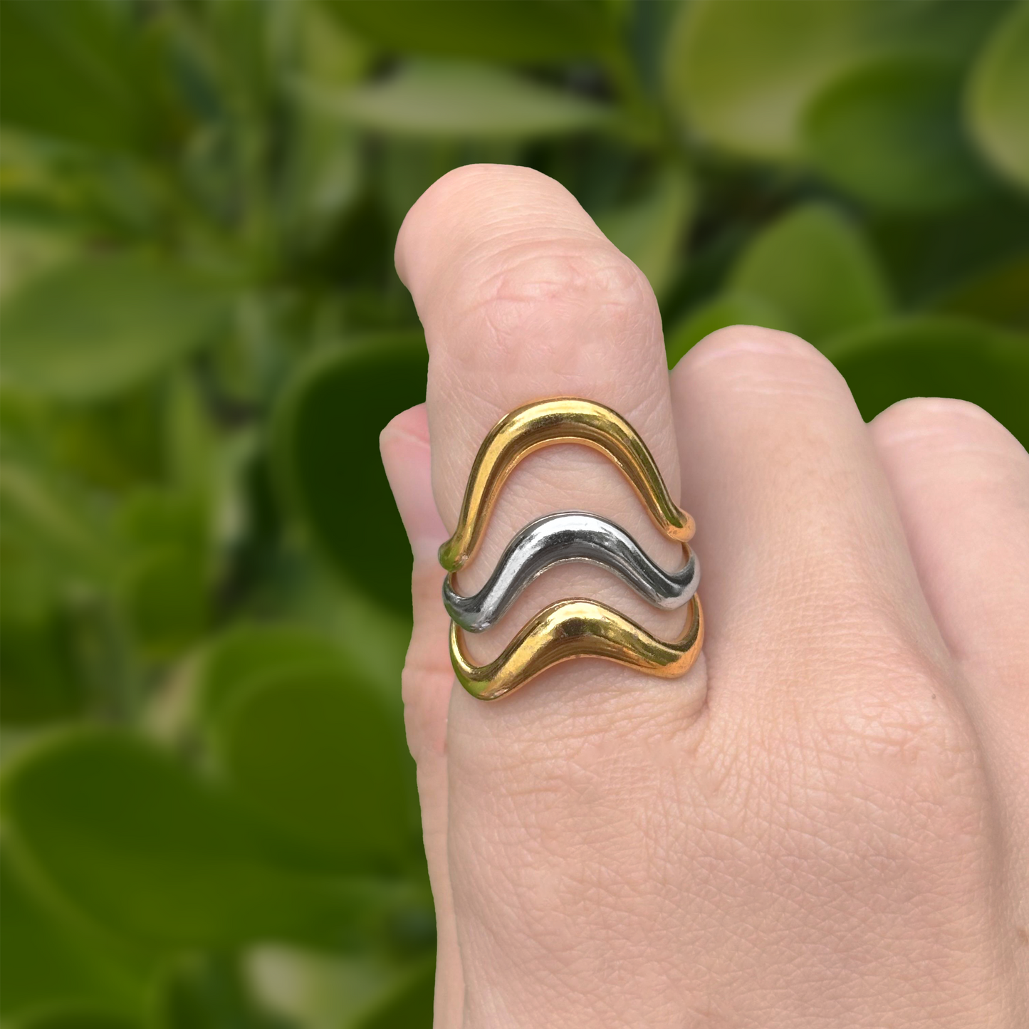 Anillo Oro-Plata Onda Acero Inoxidable 2D6