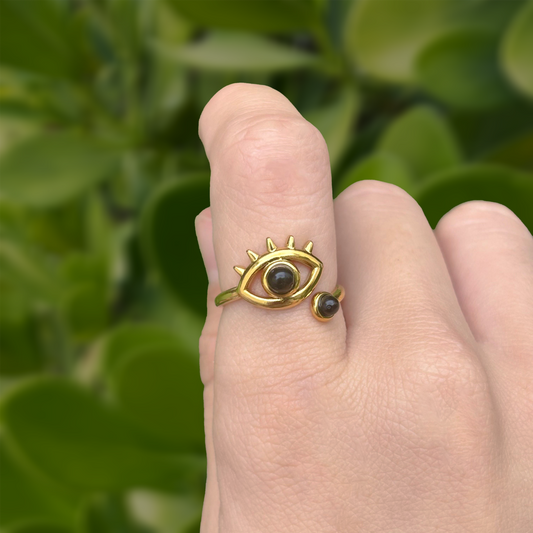 Anillo Dorado Ojo Negro Ajustable Acero Inoxidable R26