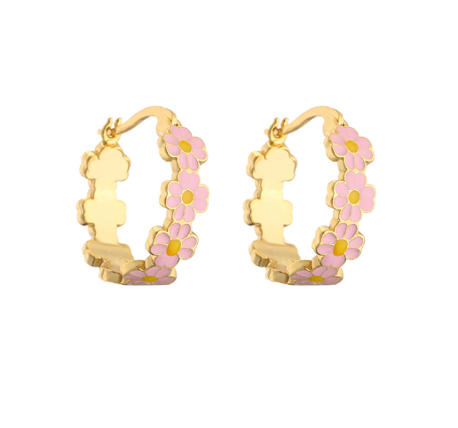 Aretes Arracada Flor Rosa Chapa de Oro  2H8