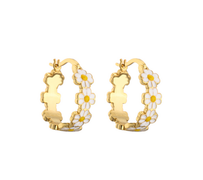 Aretes Arracada Flor Blanca Chapa de Oro  2B8