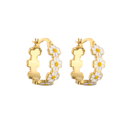 Aretes Arracada Flor Blanca Chapa de Oro  2B8