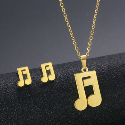 Aretes y Collar Dorado  Musical  Acero Inoxidable 1M4