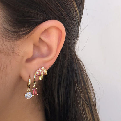 Aretes Arracada Dorada Zirconia Rosa Chapa de Oro Az180