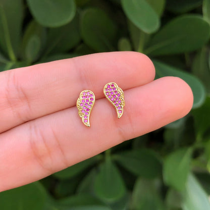 Aretes Alas Magenta Chapa de Oro Az257